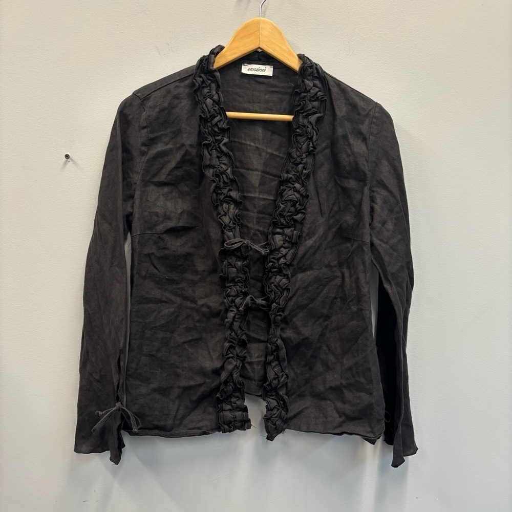 Emozioni‎ Linen Cardigan Top Black Ruffled Tie front and wrists